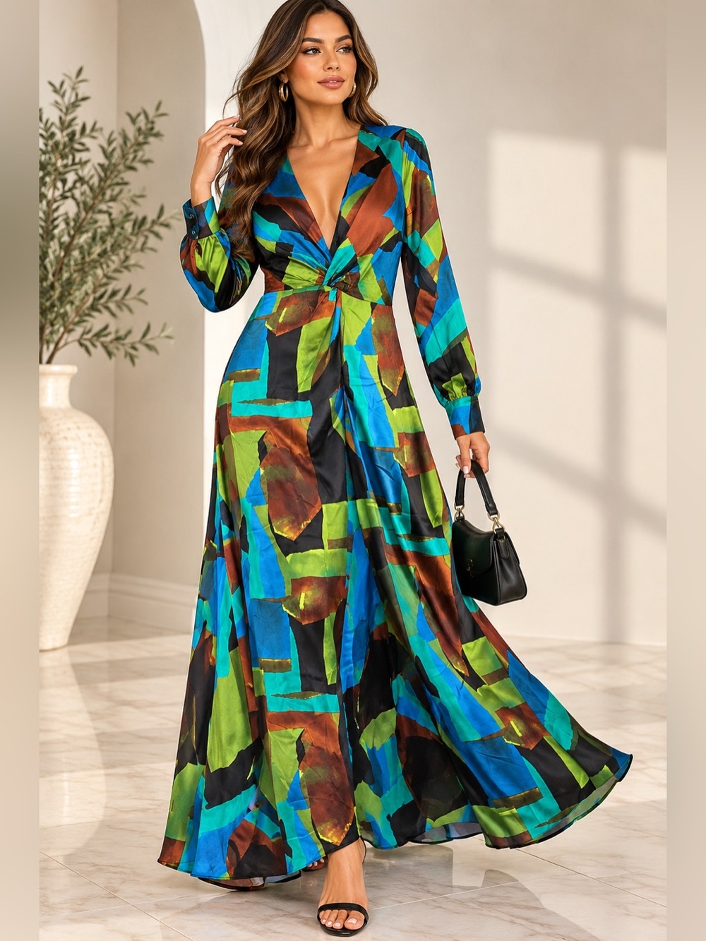 Fashion Nova Multi-Color Abstract Twist-Front Maxi Dress